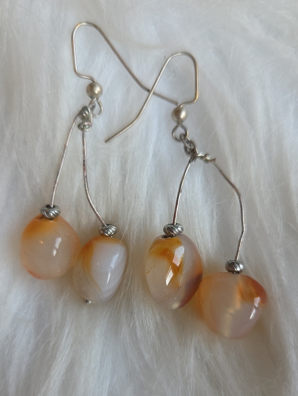 Handmade Orange Agate Drop Earrings - Silver Hooks